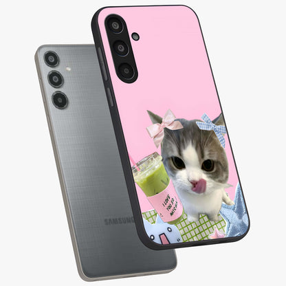 Love Matcha Cat Glass Case displayed in angled mockup highlighting playful feline illustration with cozy matcha aesthetic.