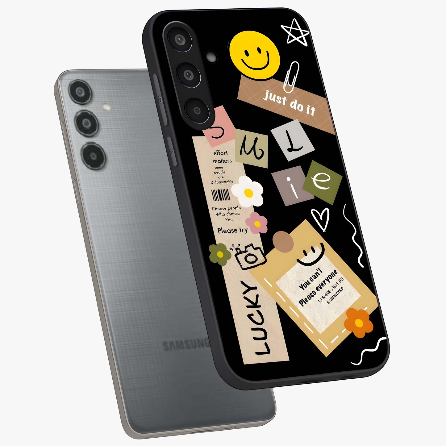 Lucky Aesthetic Collage Glass Case displayed in angled mockup highlighting stylish collage pattern with modern aesthetic vibe.