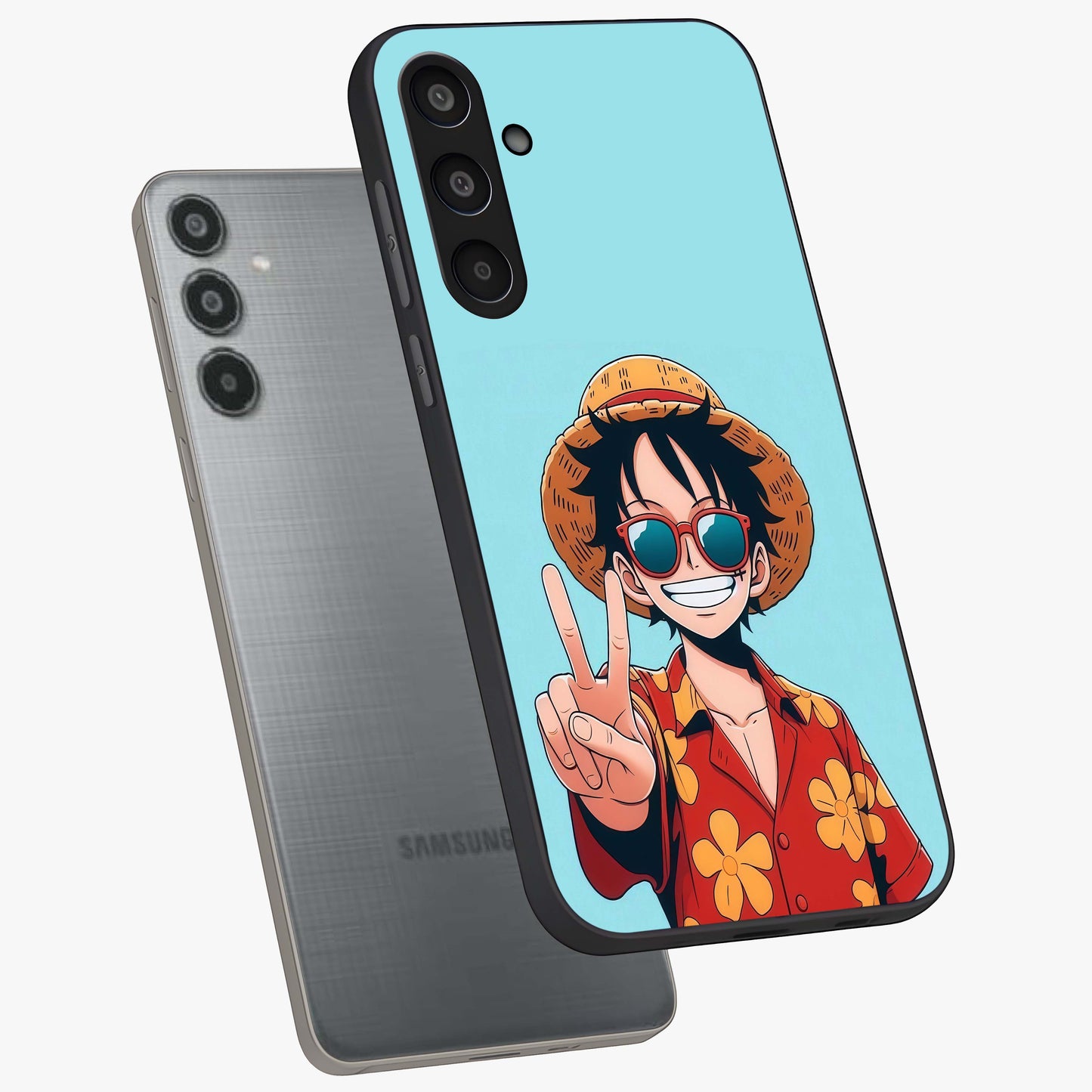 Luffy Summer Anime Vibe Glass Case displayed in angled mockup highlighting energetic anime illustration with summer vibe aesthetic.