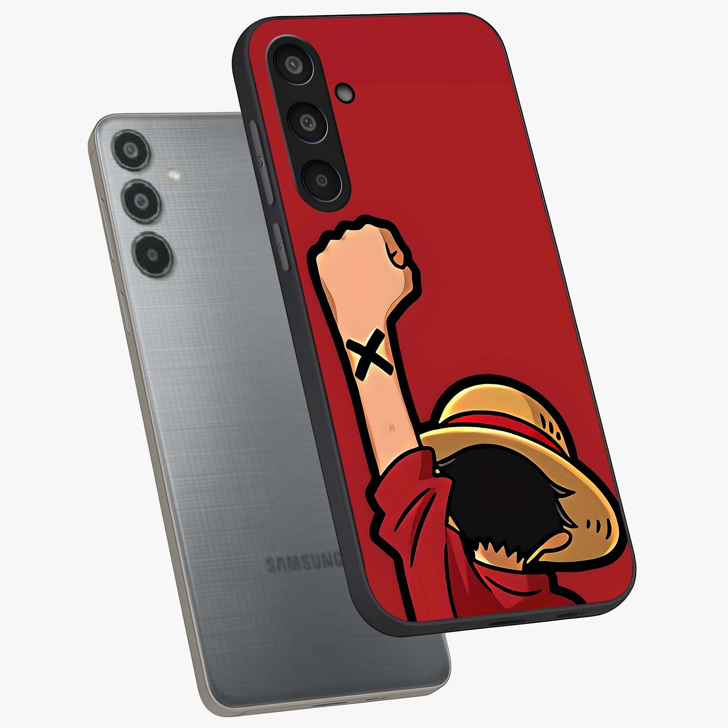 Luffy X Spirit Glass Case displayed in angled mockup highlighting powerful anime design with energetic action aesthetic.