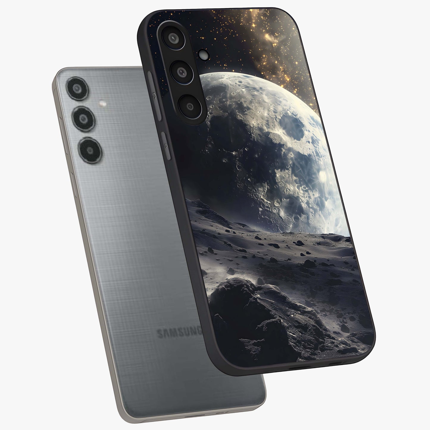 Lunar Horizon Glow Glass Case displayed in angled mockup highlighting celestial moon design with dreamy night aesthetic.