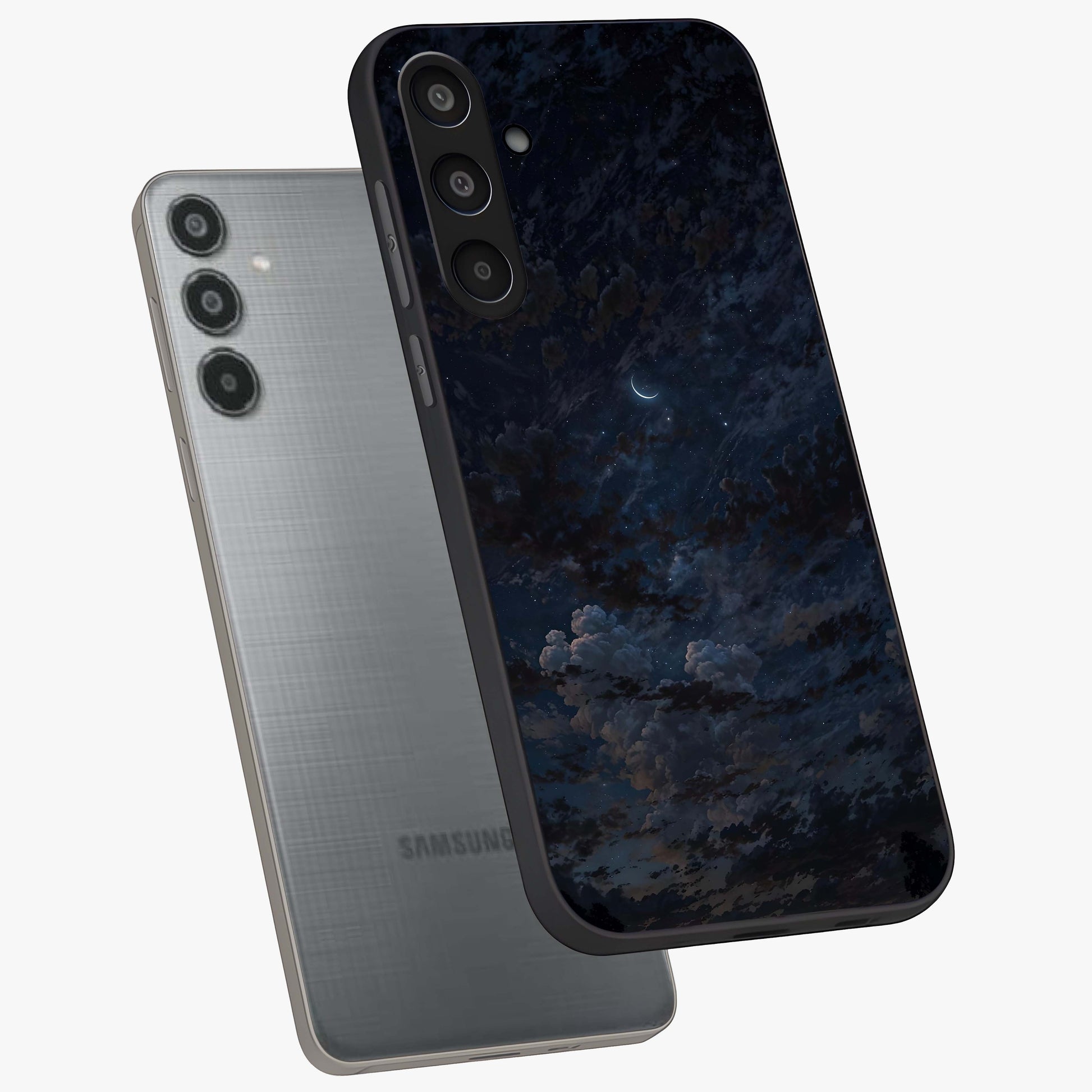 Lunar Veil Silence Glass Case displayed in angled mockup highlighting soft lunar design with peaceful celestial aesthetic.