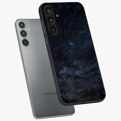 Lunar Veil Silence Glass Case displayed in angled mockup highlighting soft lunar design with peaceful celestial aesthetic.
