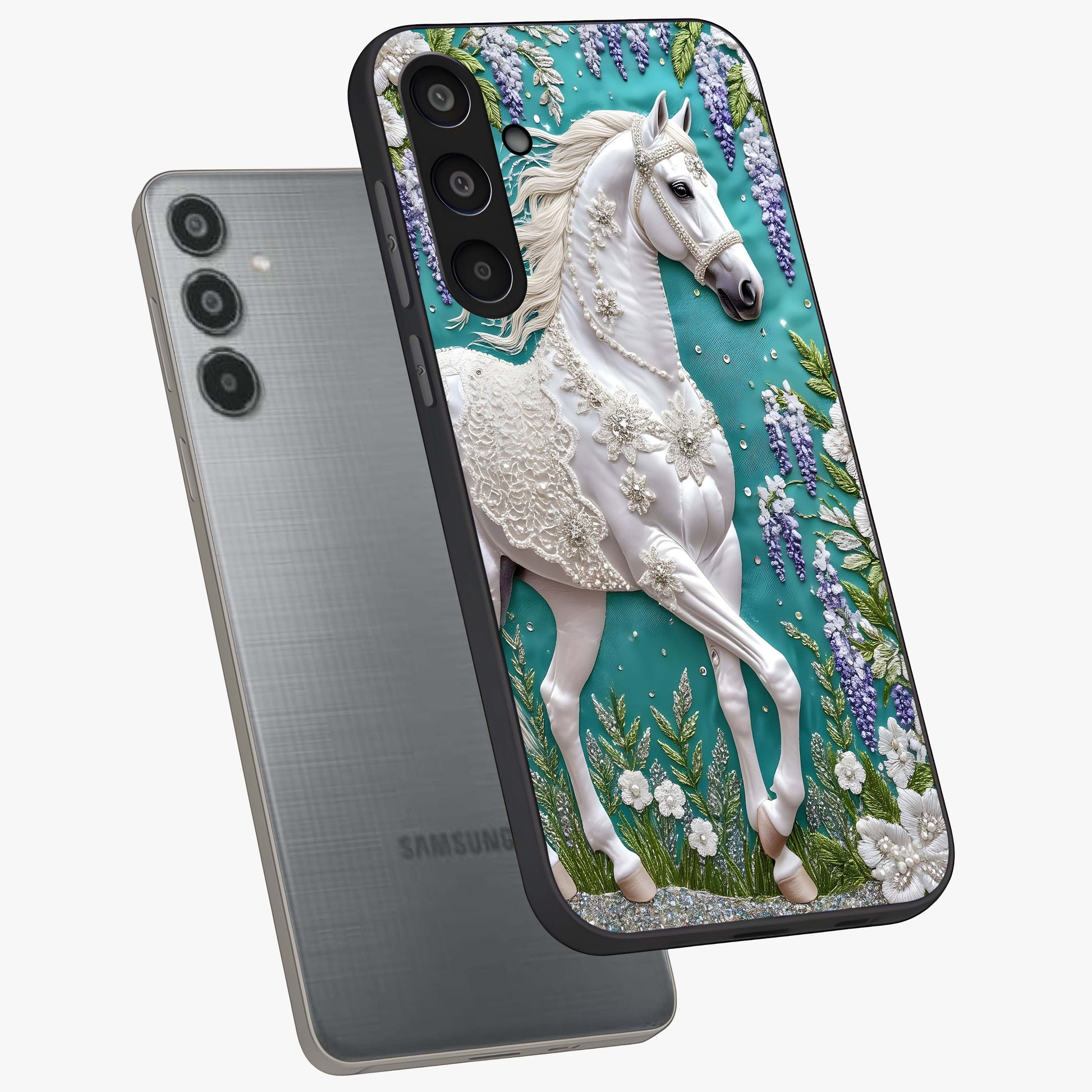 Majestic Floral Stallion Glass Case displayed in angled mockup highlighting majestic stallion illustration with elegant floral aesthetic.