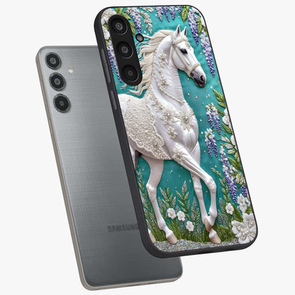Majestic Floral Stallion Glass Case displayed in angled mockup highlighting majestic stallion illustration with elegant floral aesthetic.