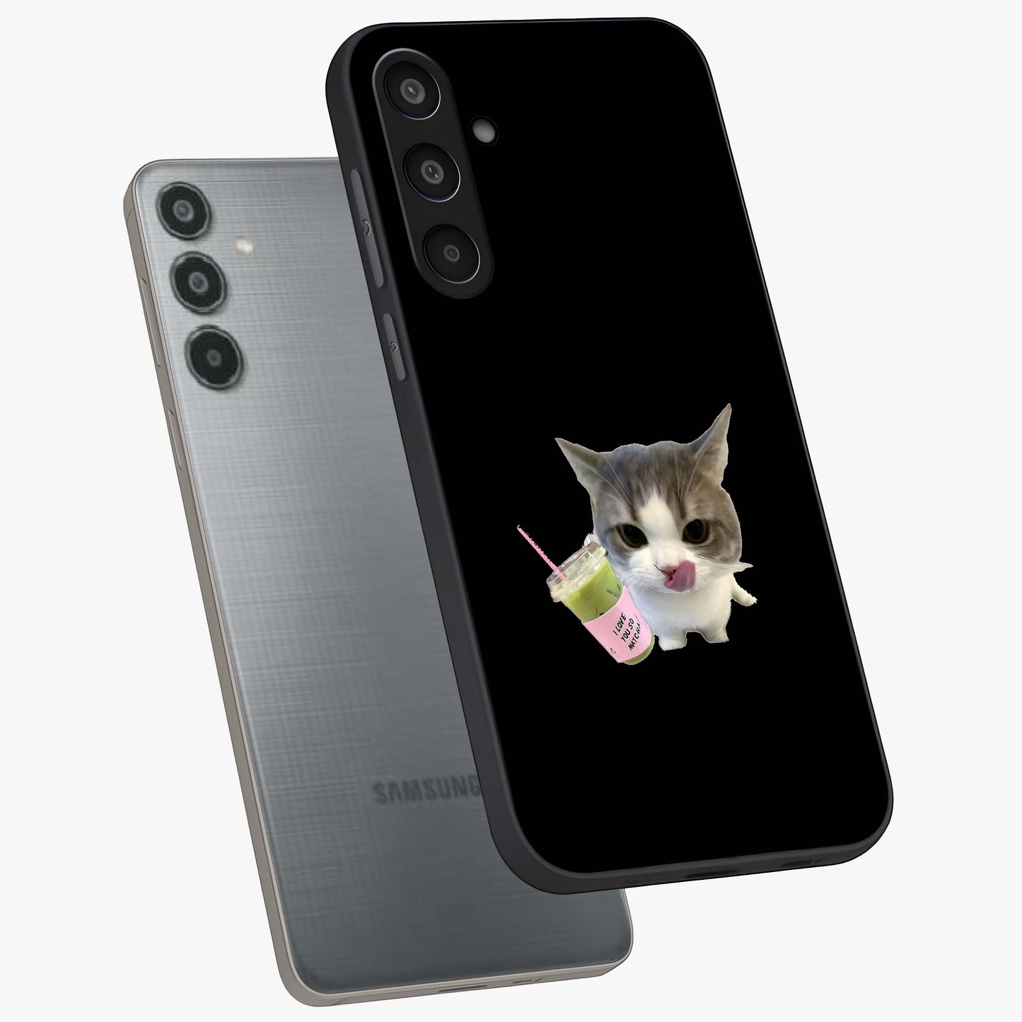 Matcha Cat Style Glass Case displayed in angled mockup highlighting playful feline design with pastel matcha aesthetic.