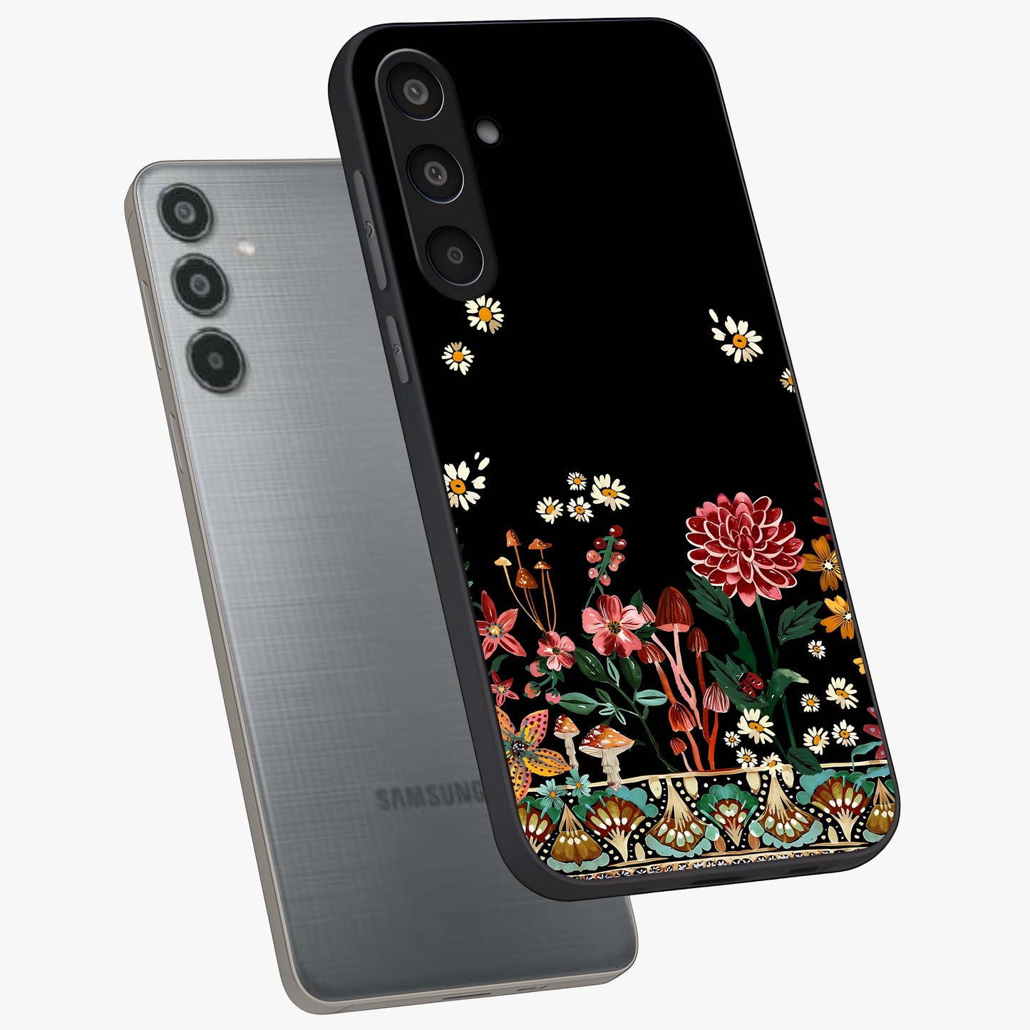Midnight Bloom Pattern Glass Case displayed in angled mockup highlighting elegant flower design with midnight aesthetic style.