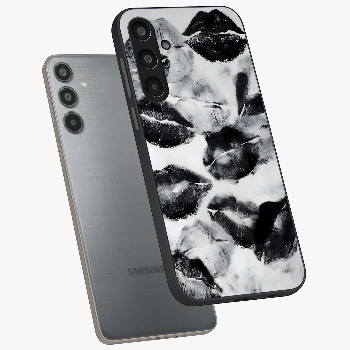Midnight Kiss Marks Glass Case displayed in angled mockup highlighting playful romantic design with bold midnight aesthetic.