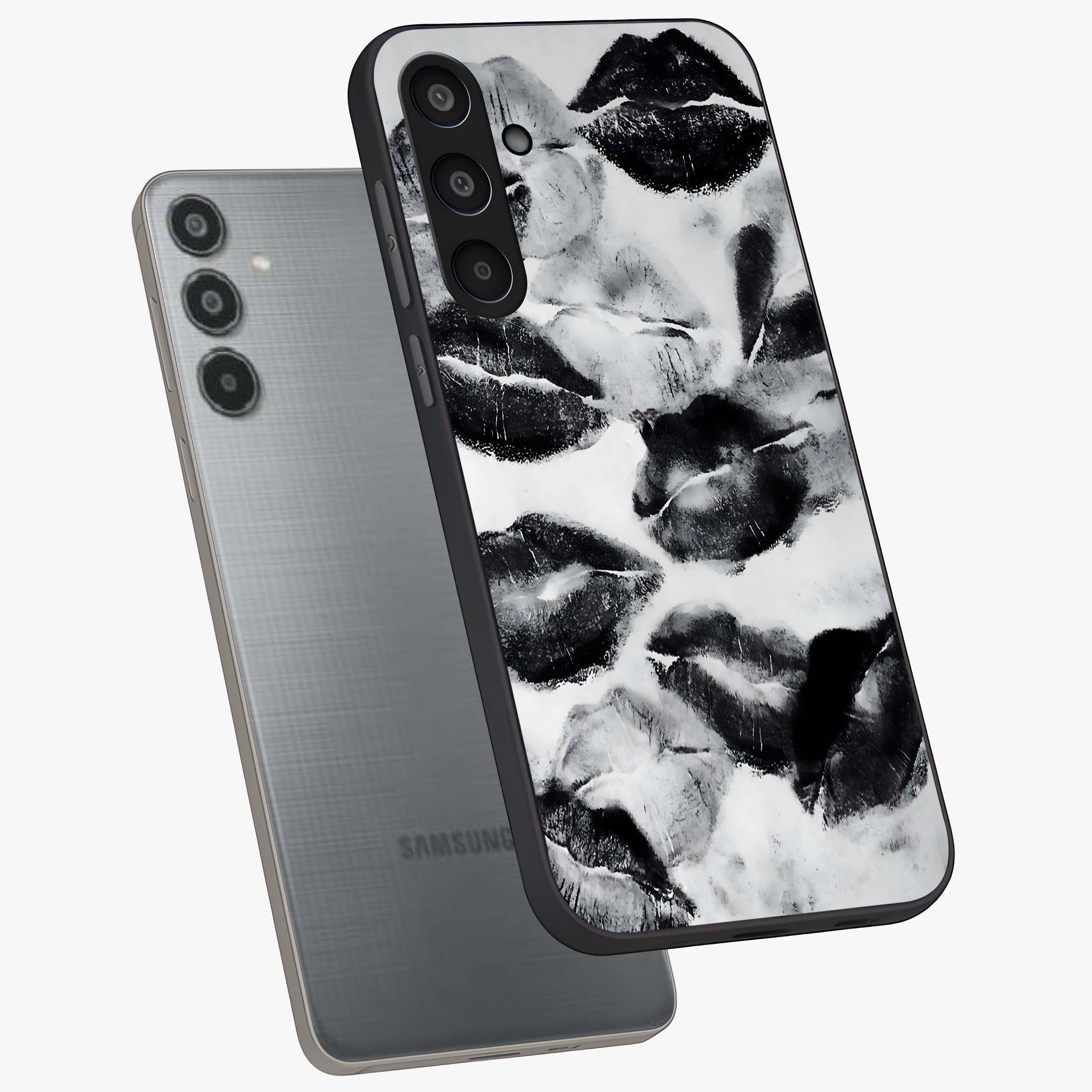 Midnight Kiss Marks Glass Case displayed in angled mockup highlighting playful romantic design with bold midnight aesthetic.