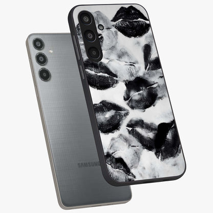 Midnight Kiss Marks Glass Case displayed in angled mockup highlighting playful romantic design with bold midnight aesthetic.