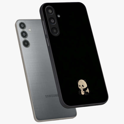 Midnight Panda Love Glass Case displayed in angled mockup highlighting adorable panda illustration with midnight aesthetic.