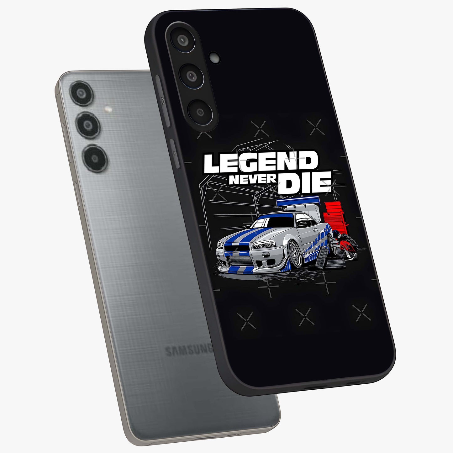 Midnight Racing Legacy Glass Case displayed in angled mockup highlighting dynamic automotive design with bold midnight aesthetic.