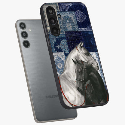 Midnight Stallion Blues Glass Case displayed in angled mockup highlighting powerful stallion illustration with deep midnight tones.