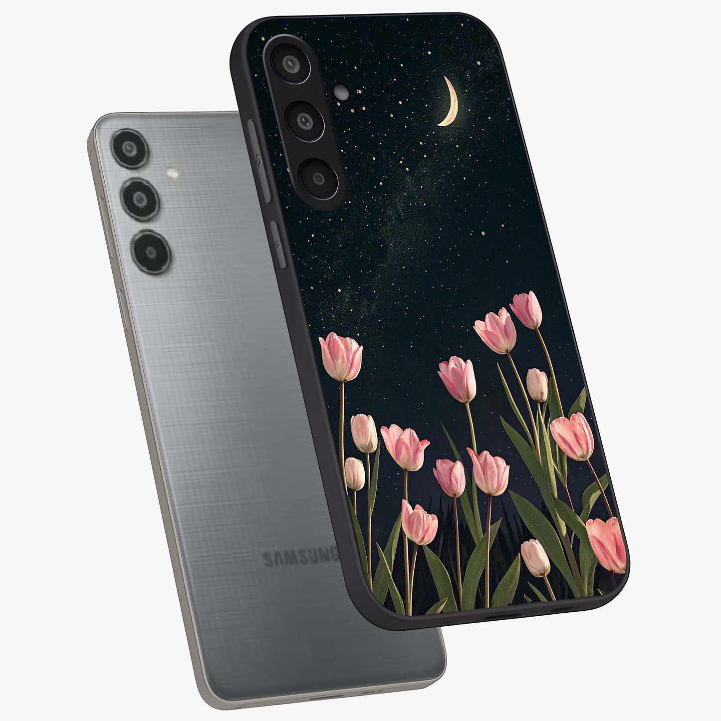 Midnight Tulip Whispers Vibe Glass Case displayed in angled mockup highlighting delicate tulip design with midnight floral aesthetic.