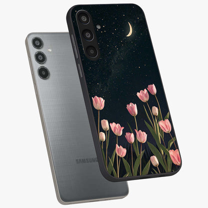 Midnight Tulip Whispers Vibe Glass Case displayed in angled mockup highlighting delicate tulip design with midnight floral aesthetic.