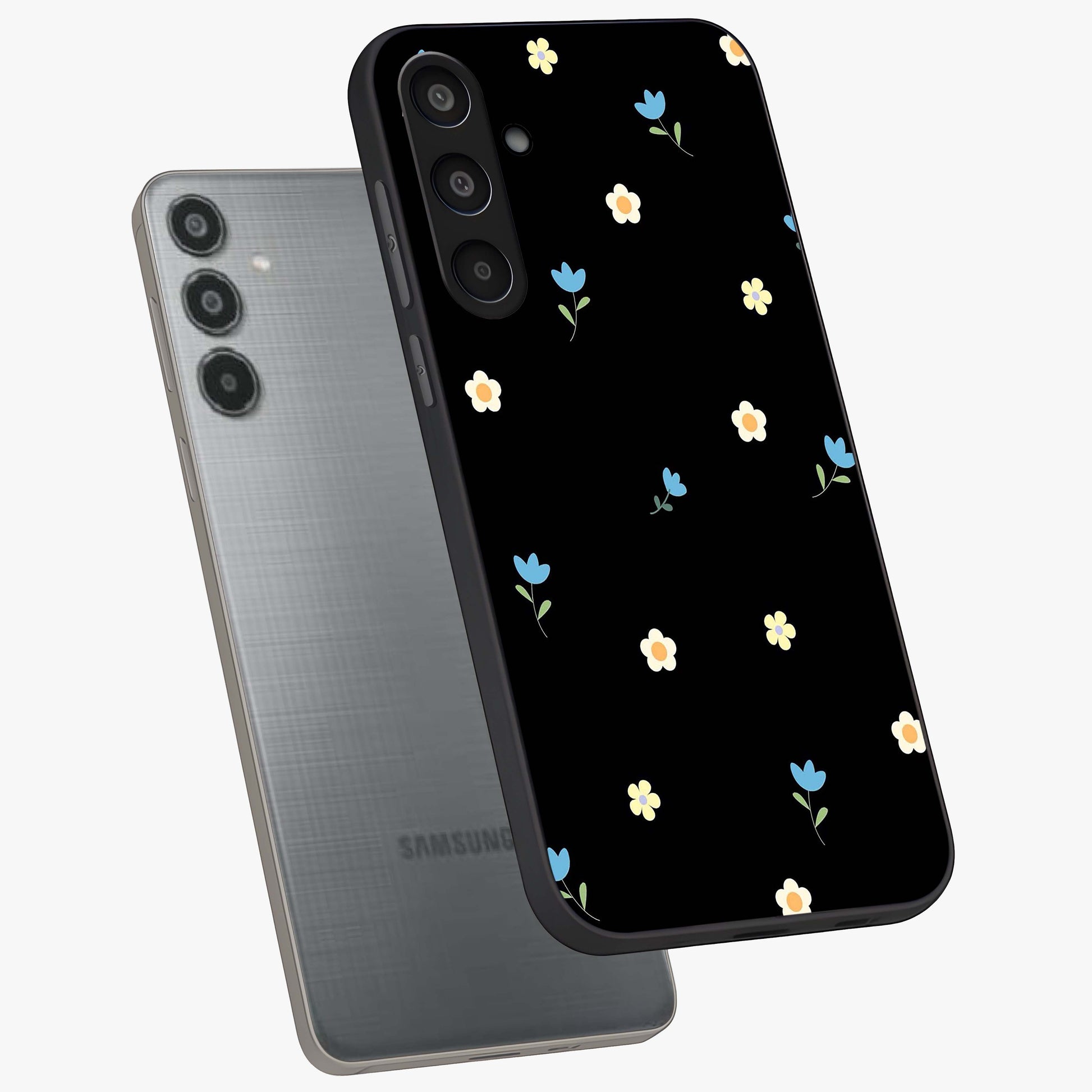 Minimal Petal Whispers Glass Case displayed in angled mockup highlighting delicate petal design with clean minimal aesthetic.