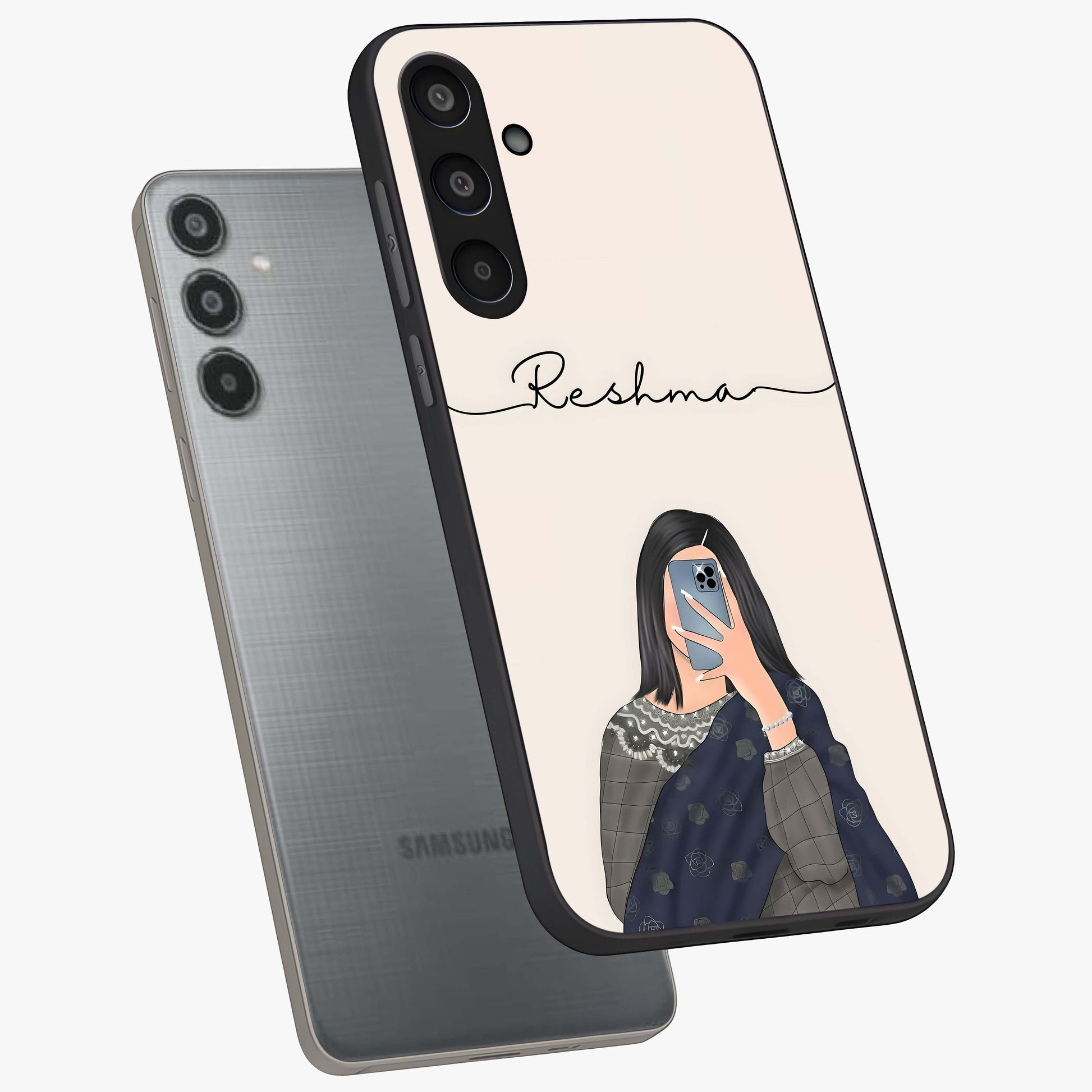Mirror Mood Muse With Custom Name Glass Case displayed in angled mockup highlighting aesthetic mirror inspired design with custom name feature.