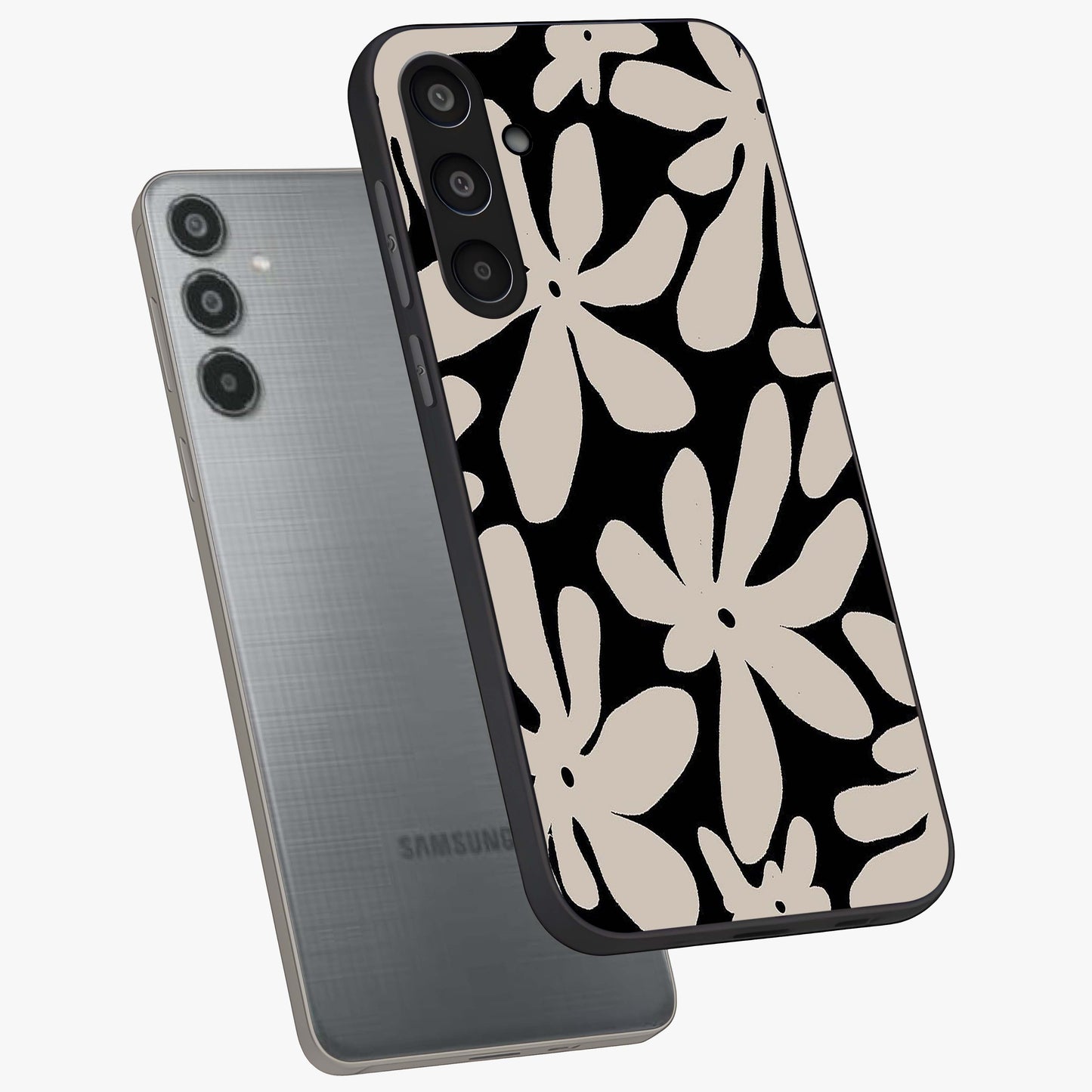 Monochrome Petal Dance Glass Case displayed in angled mockup highlighting elegant petal design with black and white aesthetic.