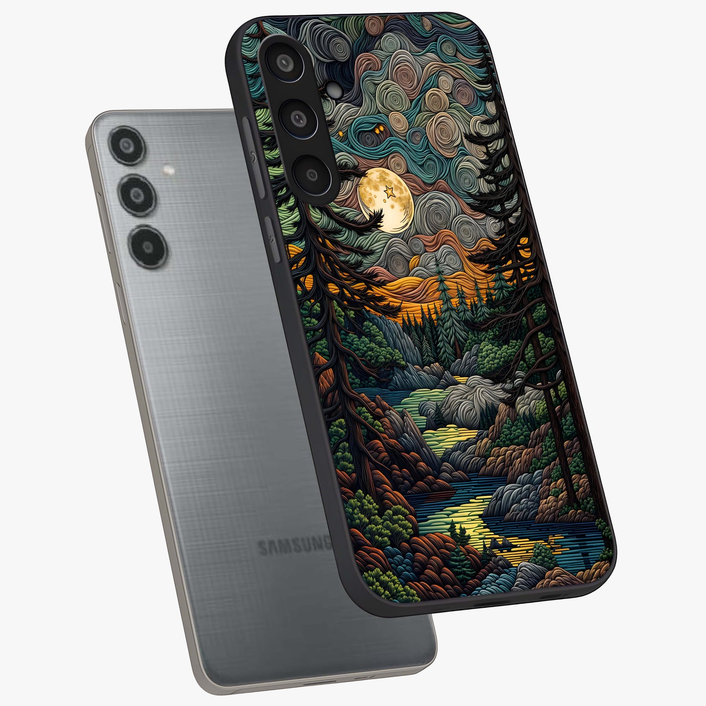 Moonlight Forest Dream Glass Case displayed in angled mockup highlighting dreamy forest design with glowing moon aesthetic.