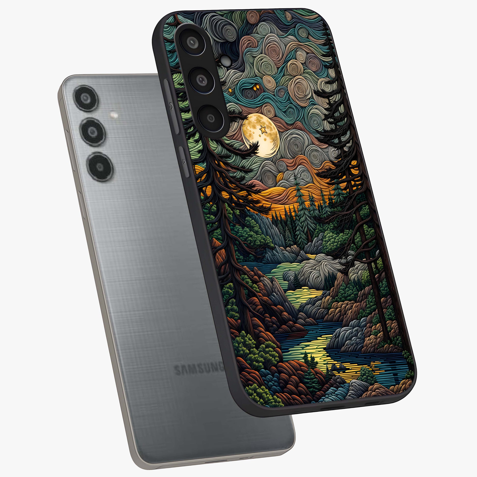 Moonlight Forest Dream Glass Case displayed in angled mockup highlighting dreamy forest design with glowing moon aesthetic.
