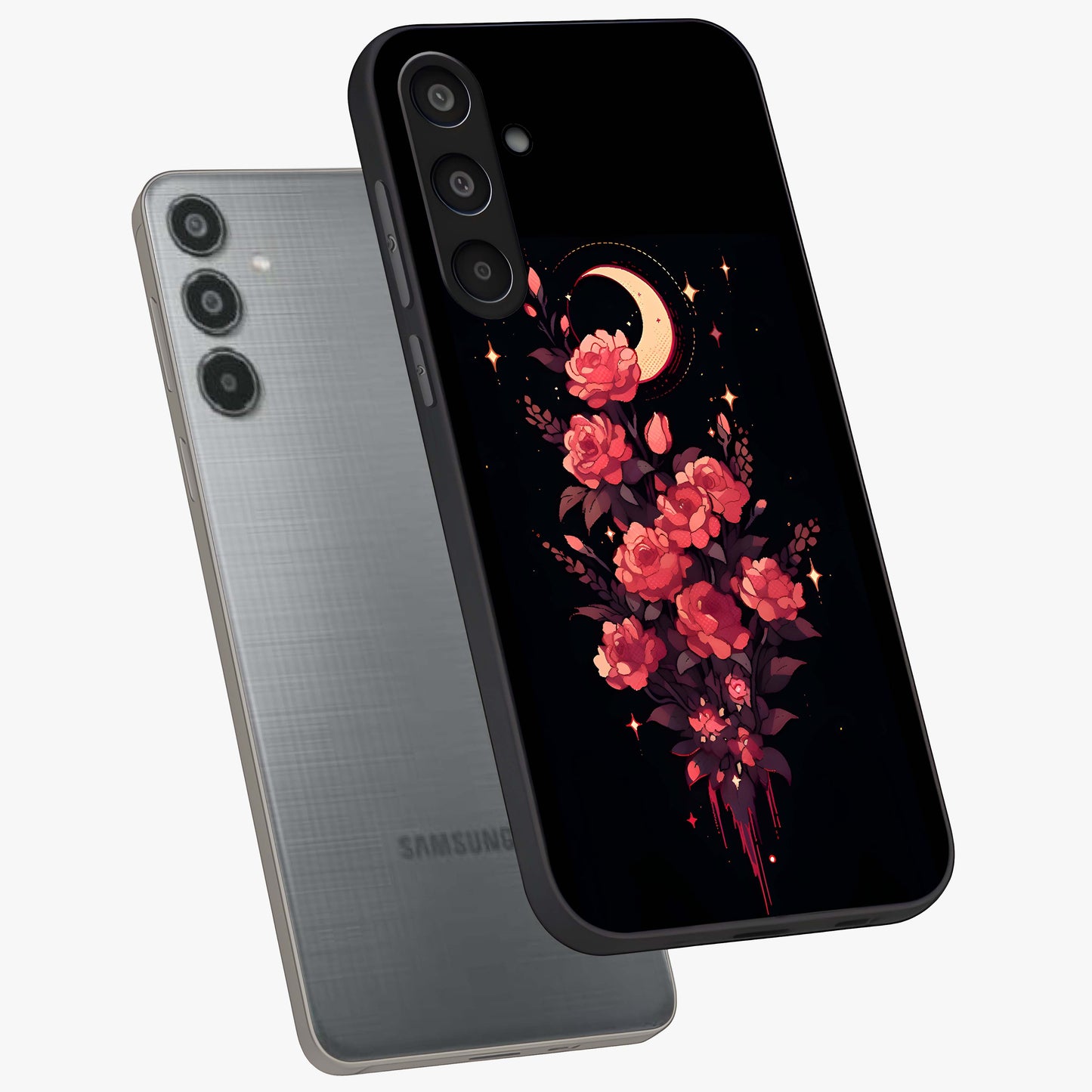 Moonlit Floral Elegance Glass Case displayed in angled mockup highlighting graceful flower design with soft moonlight aesthetic.