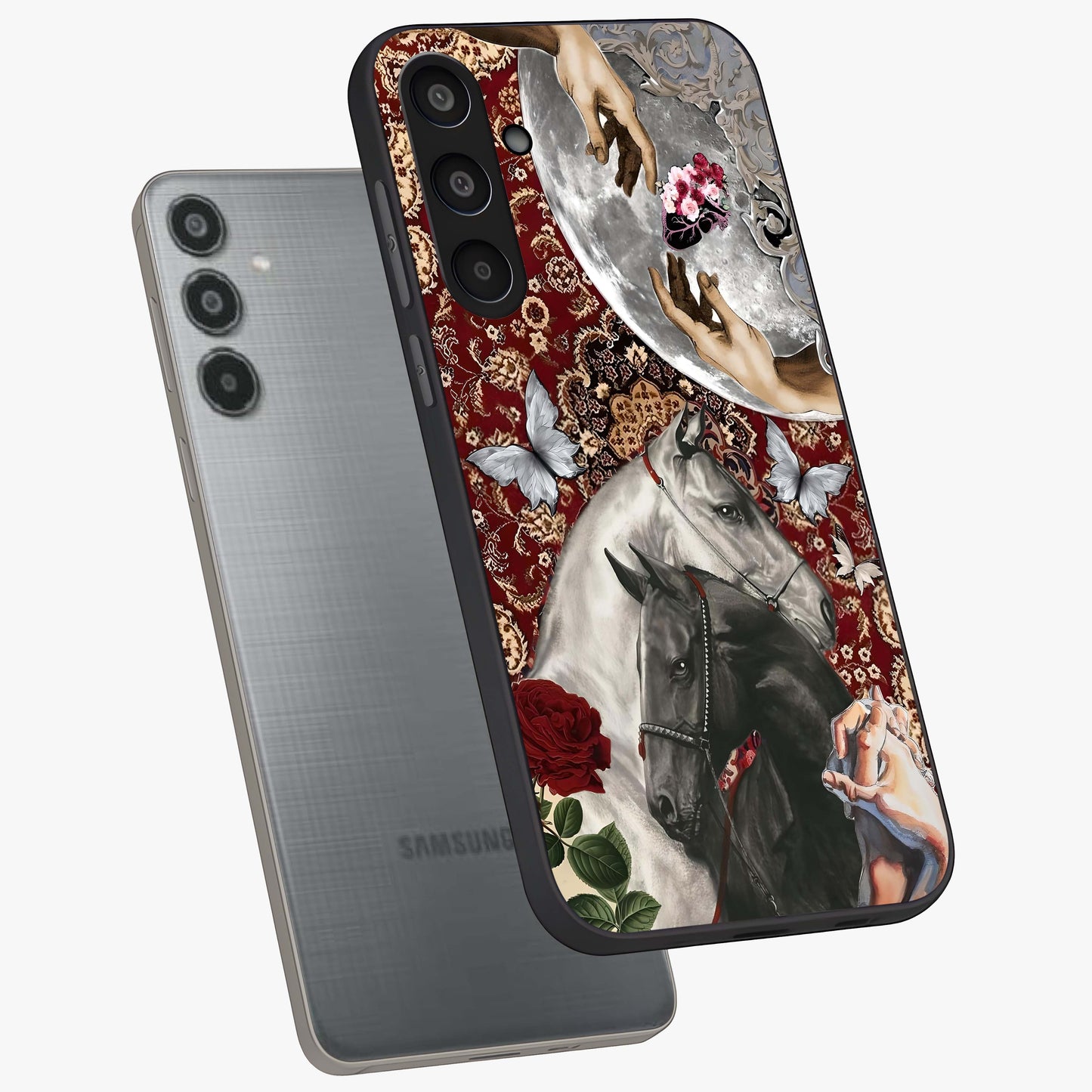 Moonlit Royal Stallion Glass Case displayed in angled mockup highlighting powerful stallion illustration with royal night aesthetic.
