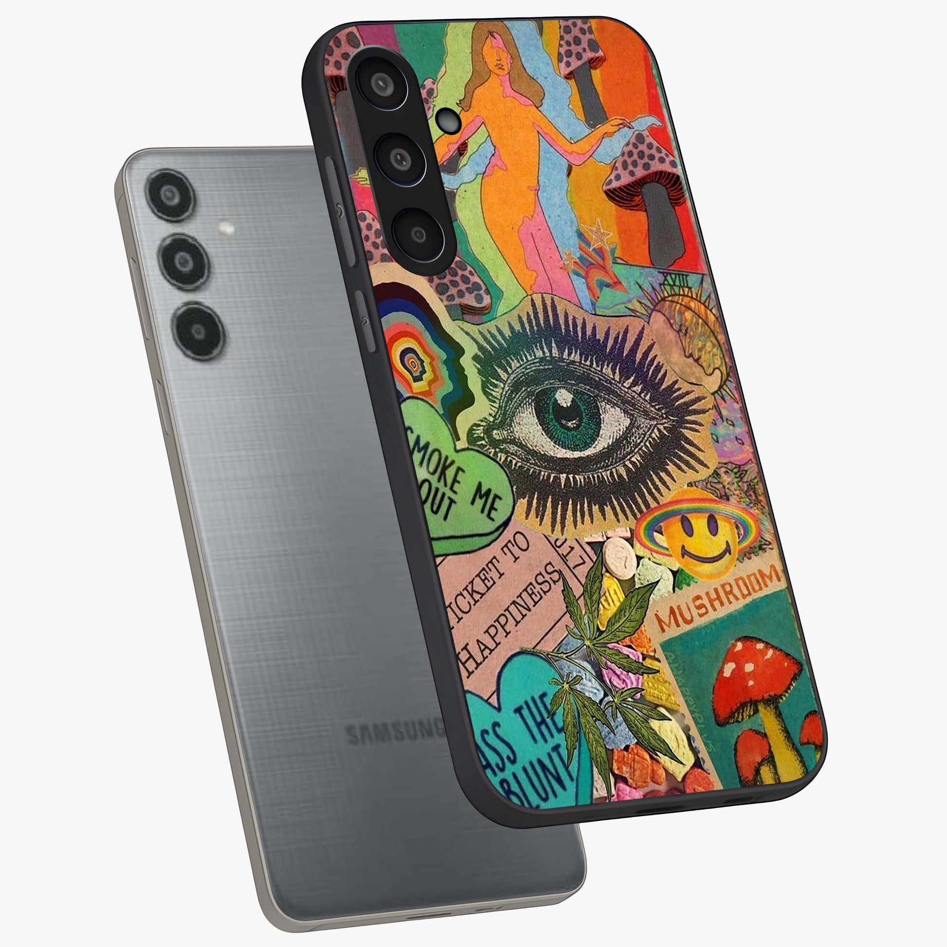 Mystic Eye Wonderland Glass Case displayed in angled mockup highlighting magical eye illustration with dreamy aesthetic.