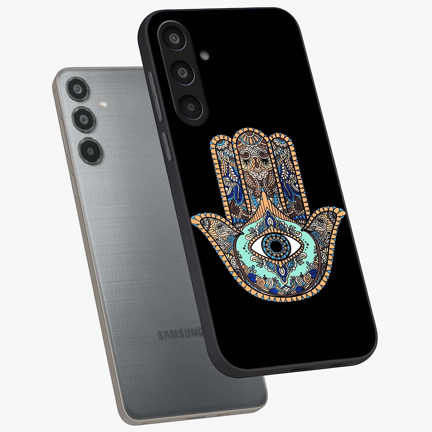Mystic Hamsa Eye Glass Case displayed in angled mockup highlighting spiritual hamsa symbol with mystical aesthetic style.