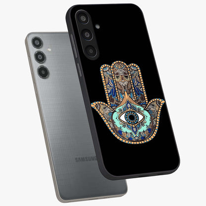 Mystic Hamsa Eye Glass Case displayed in angled mockup highlighting spiritual hamsa symbol with mystical aesthetic style.
