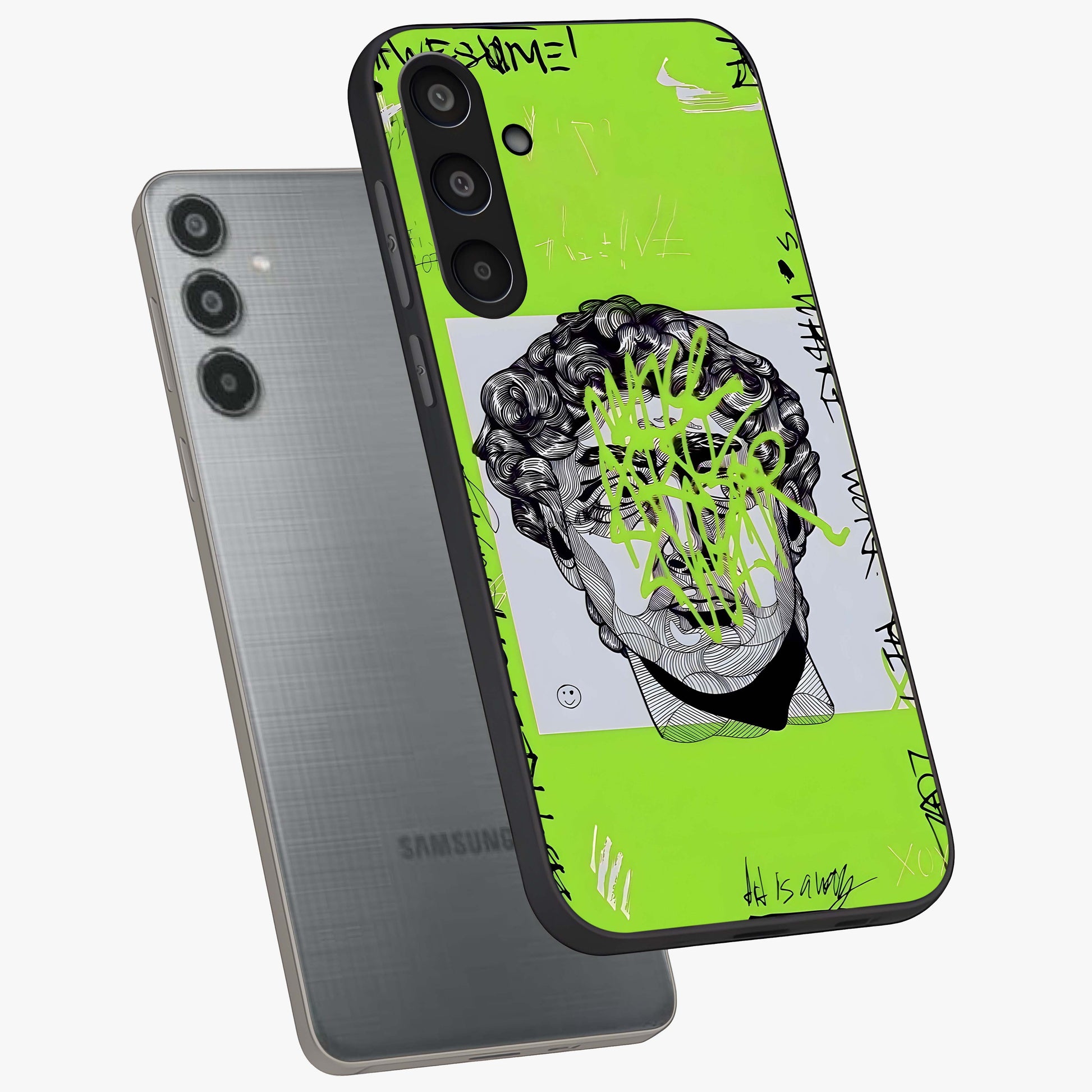 Neo Graffiti Rebellion Glass Case displayed in angled mockup highlighting urban street art design with rebellious aesthetic.