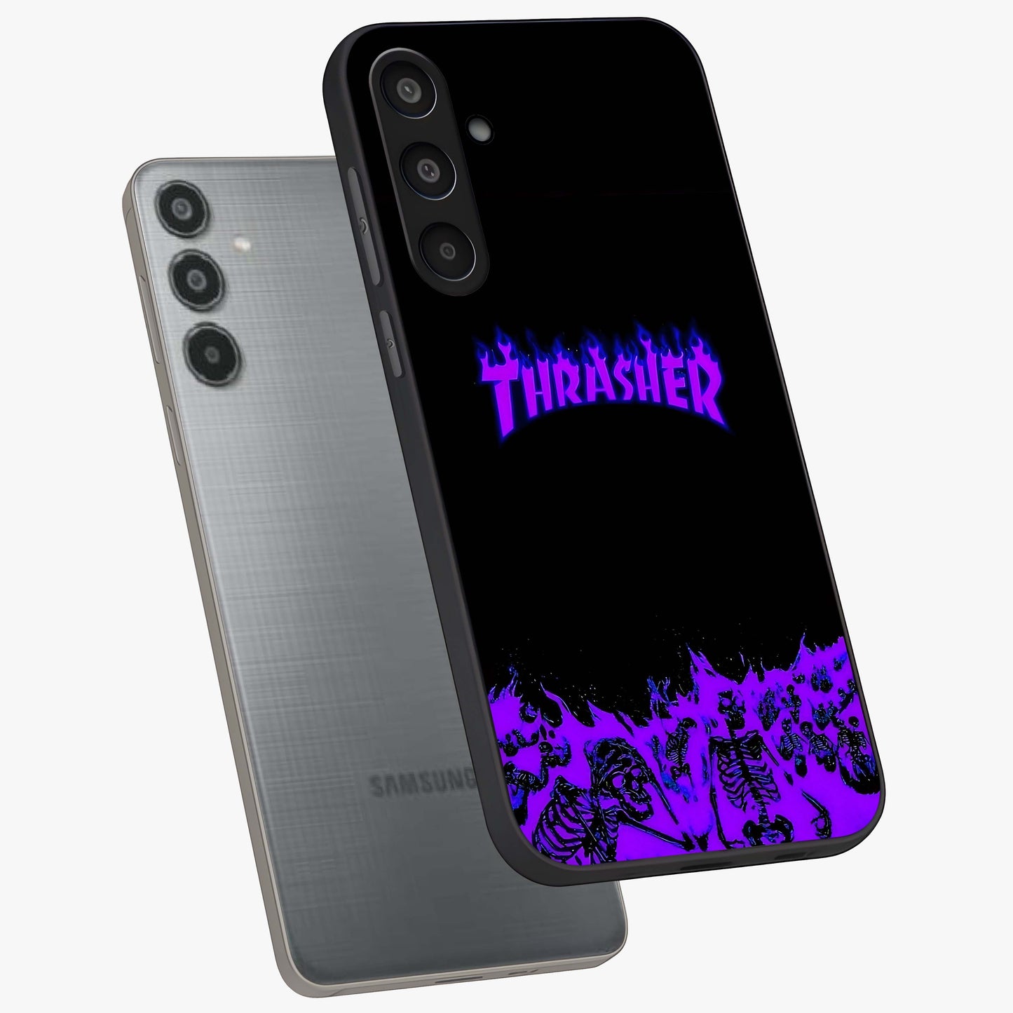 Neon Flame Riot Glass Case displayed in angled mockup highlighting glowing flame design with vibrant neon aesthetic.