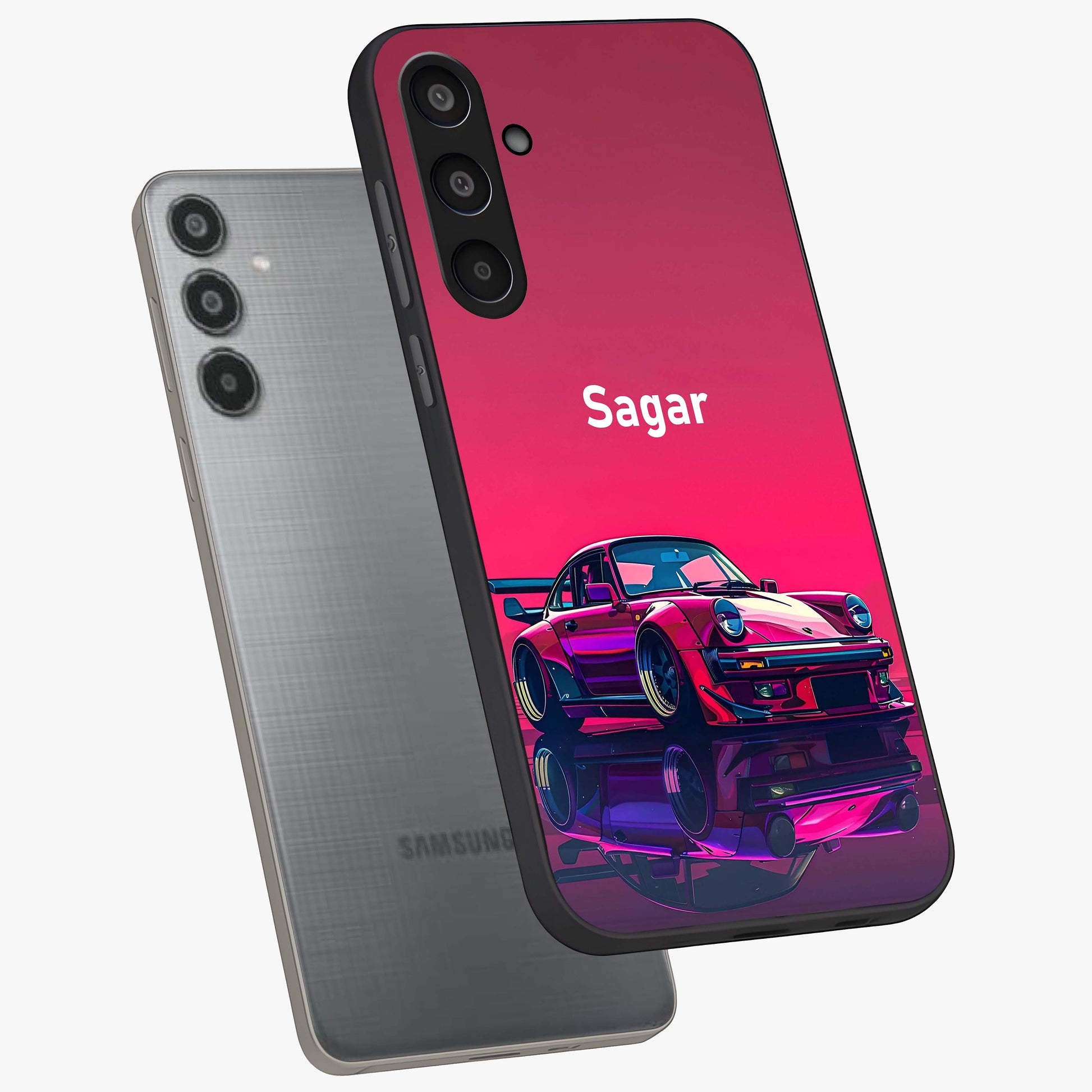 Neon Pink Porsche Glass Case displayed in angled mockup highlighting sleek neon pink car design with racing aesthetic.