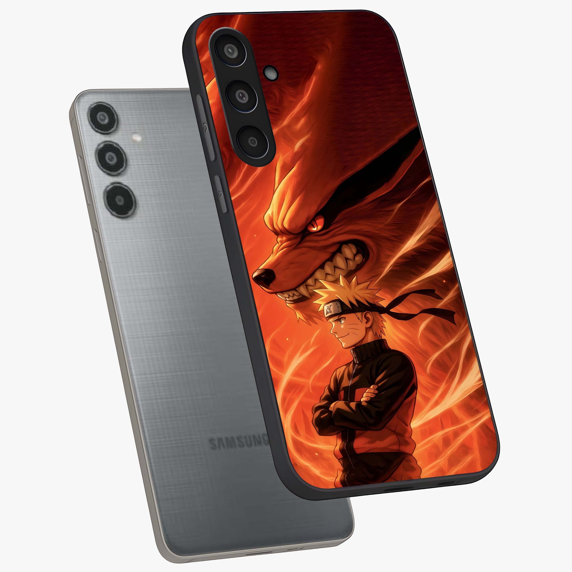 Nine Tails Legacy Glass Case displayed in angled mockup highlighting dynamic anime beast illustration with bold mystical aesthetic.