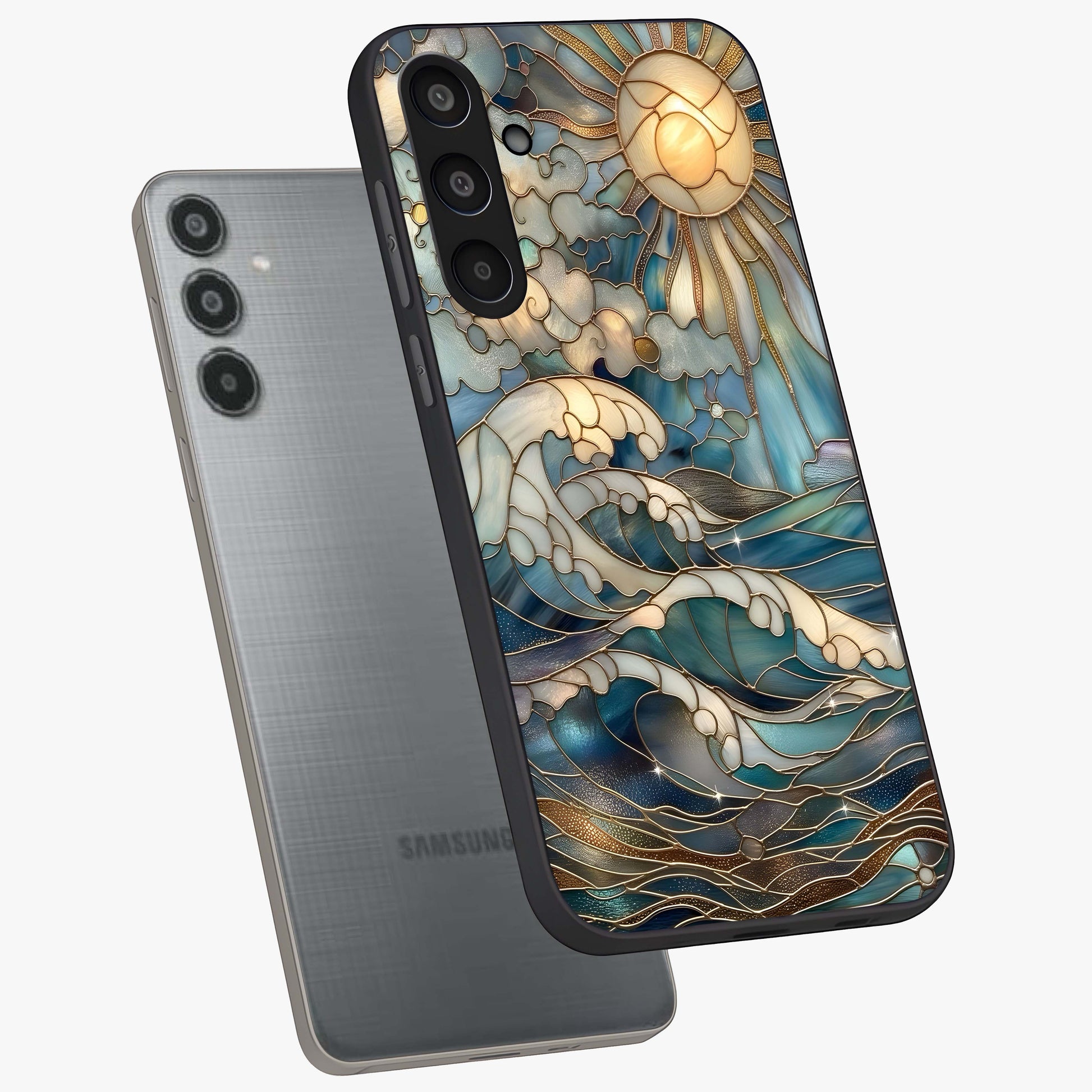 Oceanic Stained Printed Glass Case displayed in angled mockup highlighting colorful aquatic design with artistic aesthetic style.