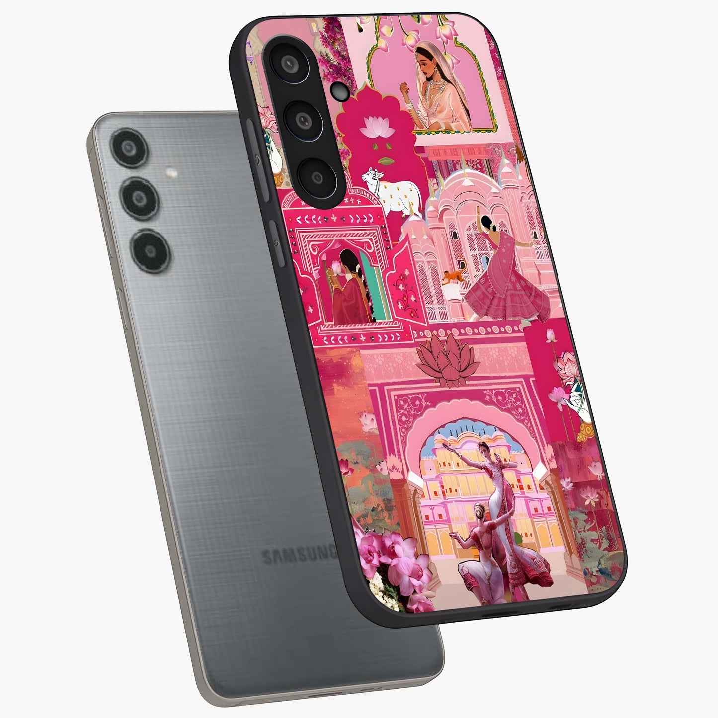 Pink Palace Muse Glass Case displayed in angled mockup highlighting dreamy palace illustration with soft pink aesthetic.