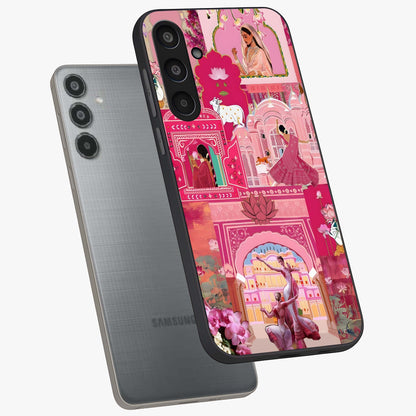 Pink Palace Muse Glass Case displayed in angled mockup highlighting dreamy palace illustration with soft pink aesthetic.