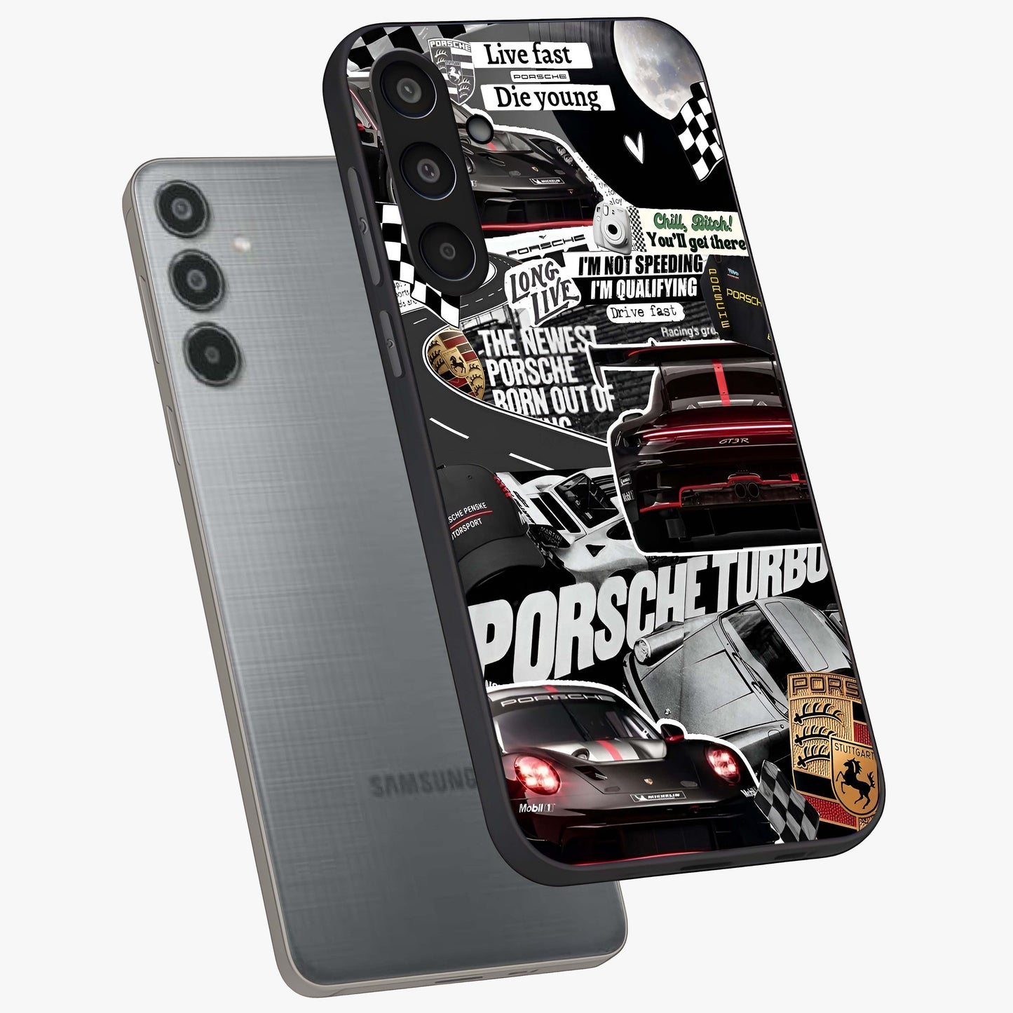 Porsche Racing Collage Glass Case displayed in angled mockup highlighting dynamic automotive design with bold racing aesthetic.