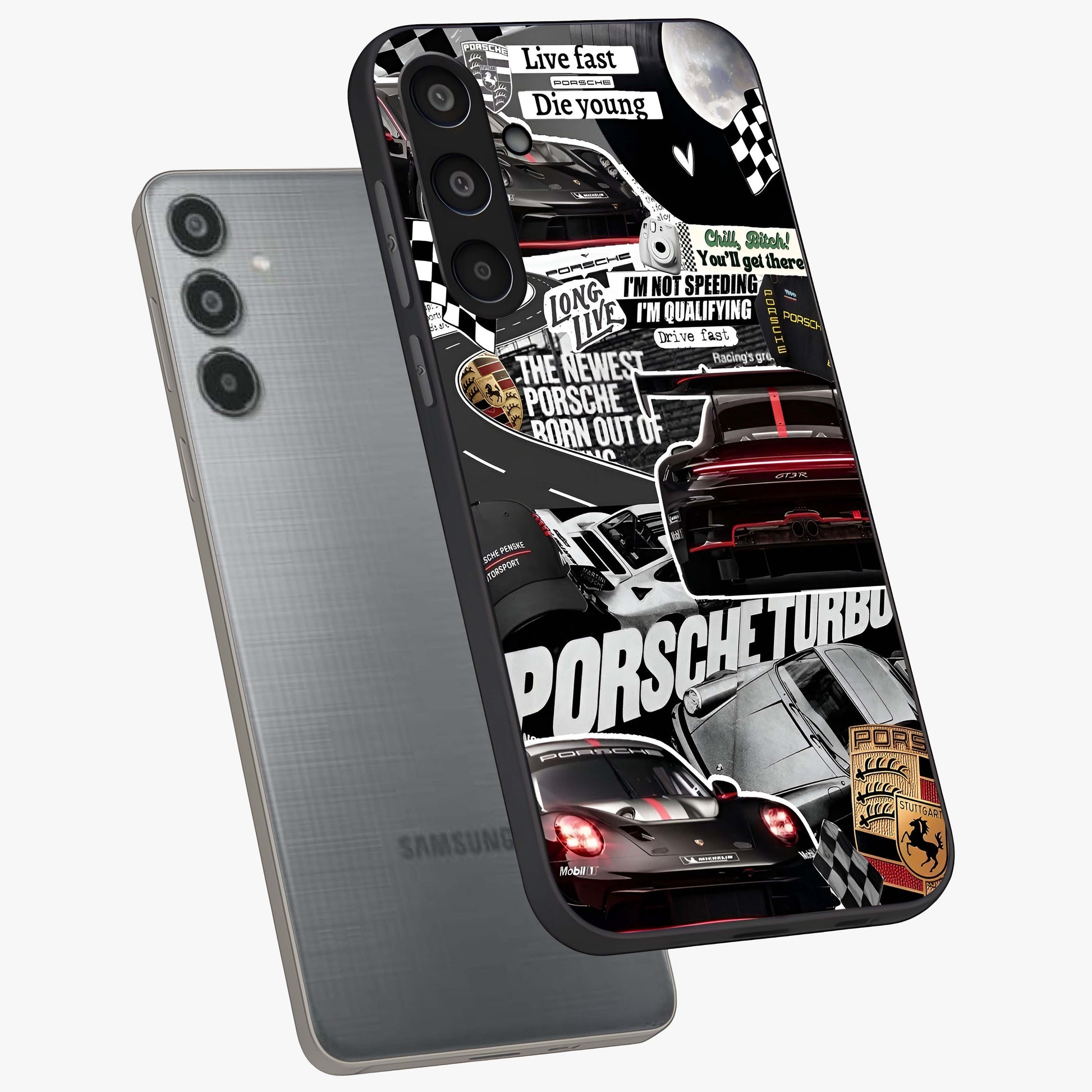 Porsche Racing Collage Glass Case displayed in angled mockup highlighting dynamic automotive design with bold racing aesthetic.