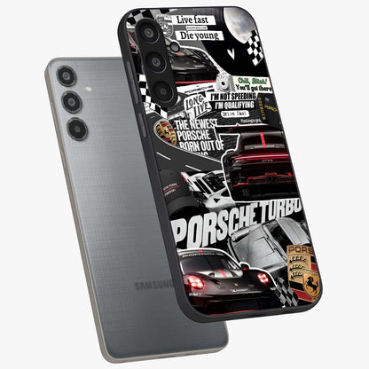 Porsche Racing Collage Glass Case displayed in angled mockup highlighting dynamic automotive design with bold racing aesthetic.