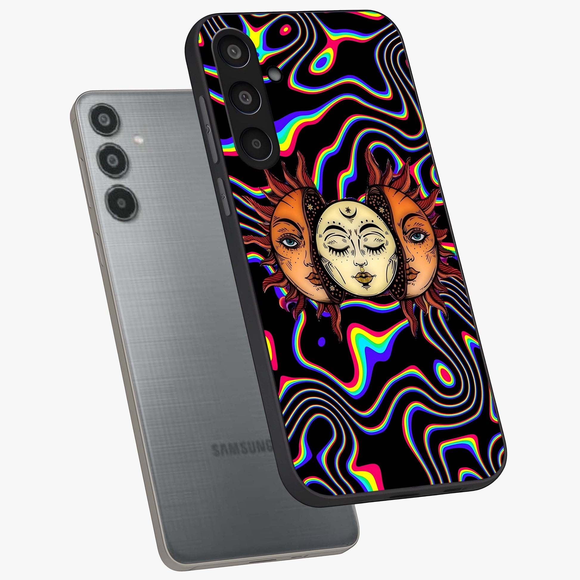 Psychedelic Sun Glass Case displayed in angled mockup highlighting vibrant abstract sun design with artistic aesthetic style.