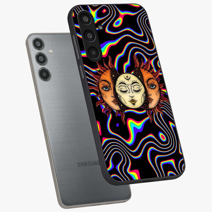 Psychedelic Sun Glass Case displayed in angled mockup highlighting vibrant abstract sun design with artistic aesthetic style.