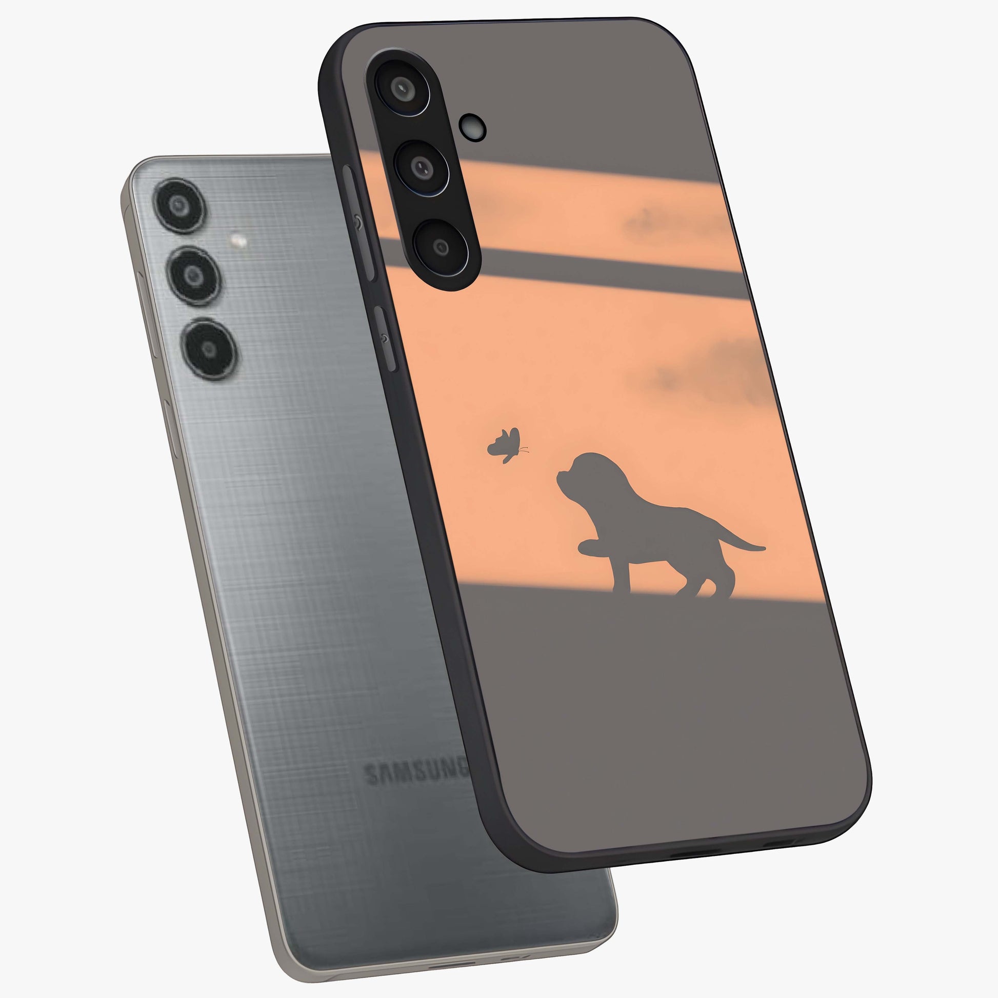Puppy Shadow Art Glass Case displayed in angled mockup highlighting playful dog illustration with artistic shadow aesthetic.