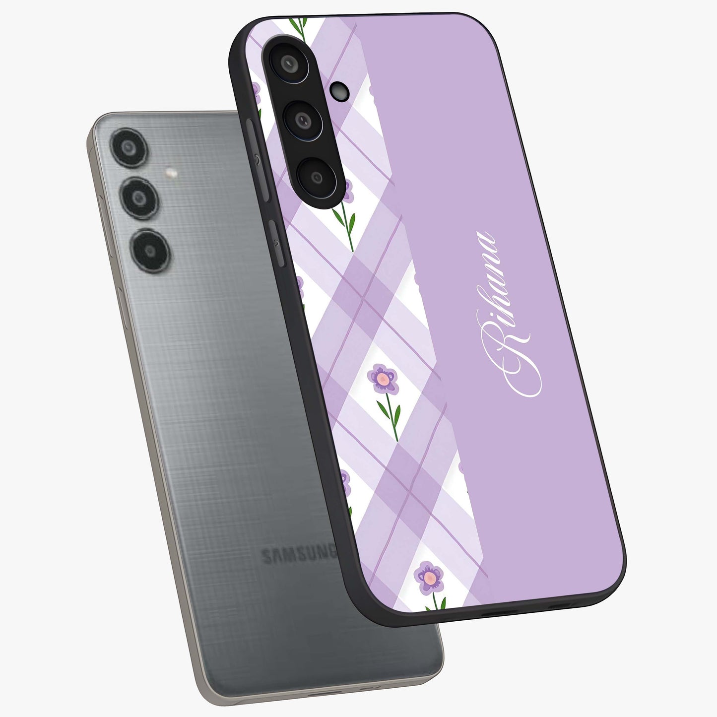 Purple Diamond Floral Glass Case displayed in angled mockup highlighting elegant purple flower design with decorative pattern.