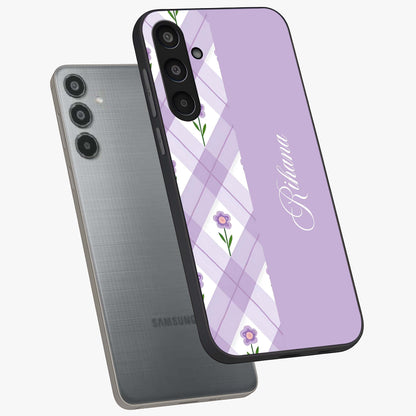Purple Diamond Floral Glass Case displayed in angled mockup highlighting elegant purple flower design with decorative pattern.