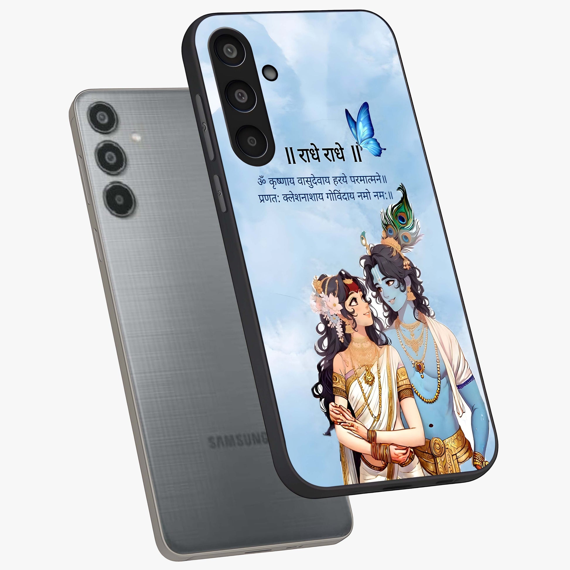 Radha Krishna Eternal Glass Case displayed in angled mockup highlighting divine Radha Krishna illustration with spiritual aesthetic.