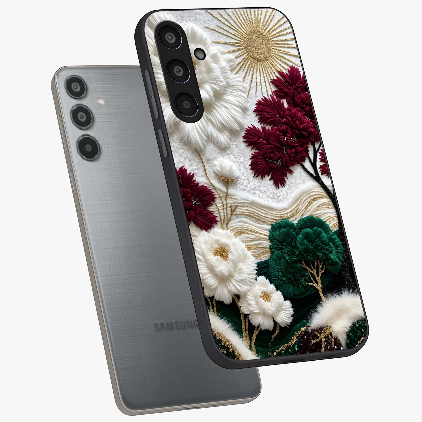 Radiant Bloom Elegance Glass Case displayed in angled mockup highlighting graceful floral design with radiant aesthetic style.