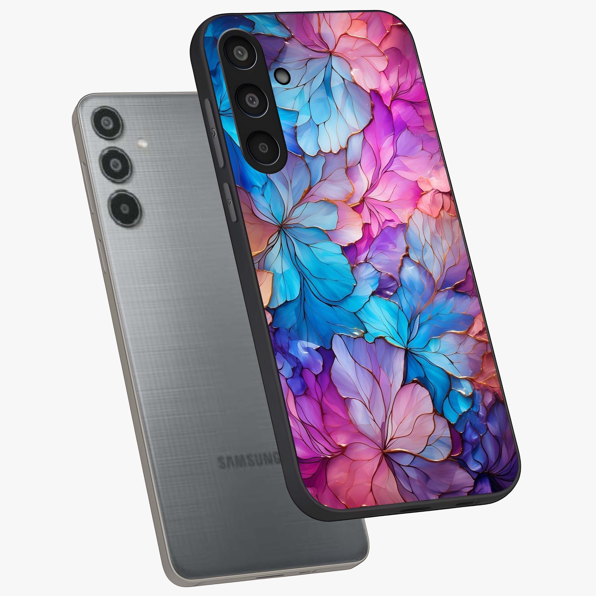 Radiant Floral Whirl Glass Case displayed in angled mockup highlighting vibrant flower pattern with dynamic artistic aesthetic.