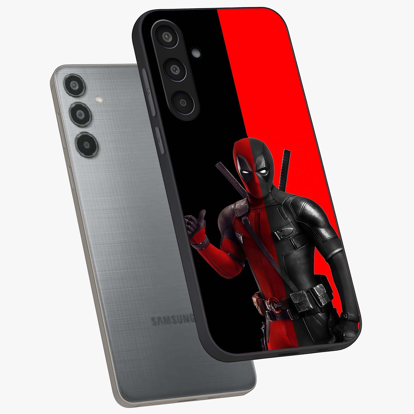 Red & Black Deadpool Theme Glass Case displayed in angled mockup highlighting vibrant superhero style illustration with action aesthetic.