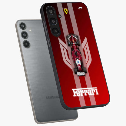 Red Ferrari F1 Vertical Glass Case displayed in angled mockup highlighting high speed racing design with bold automotive aesthetic.