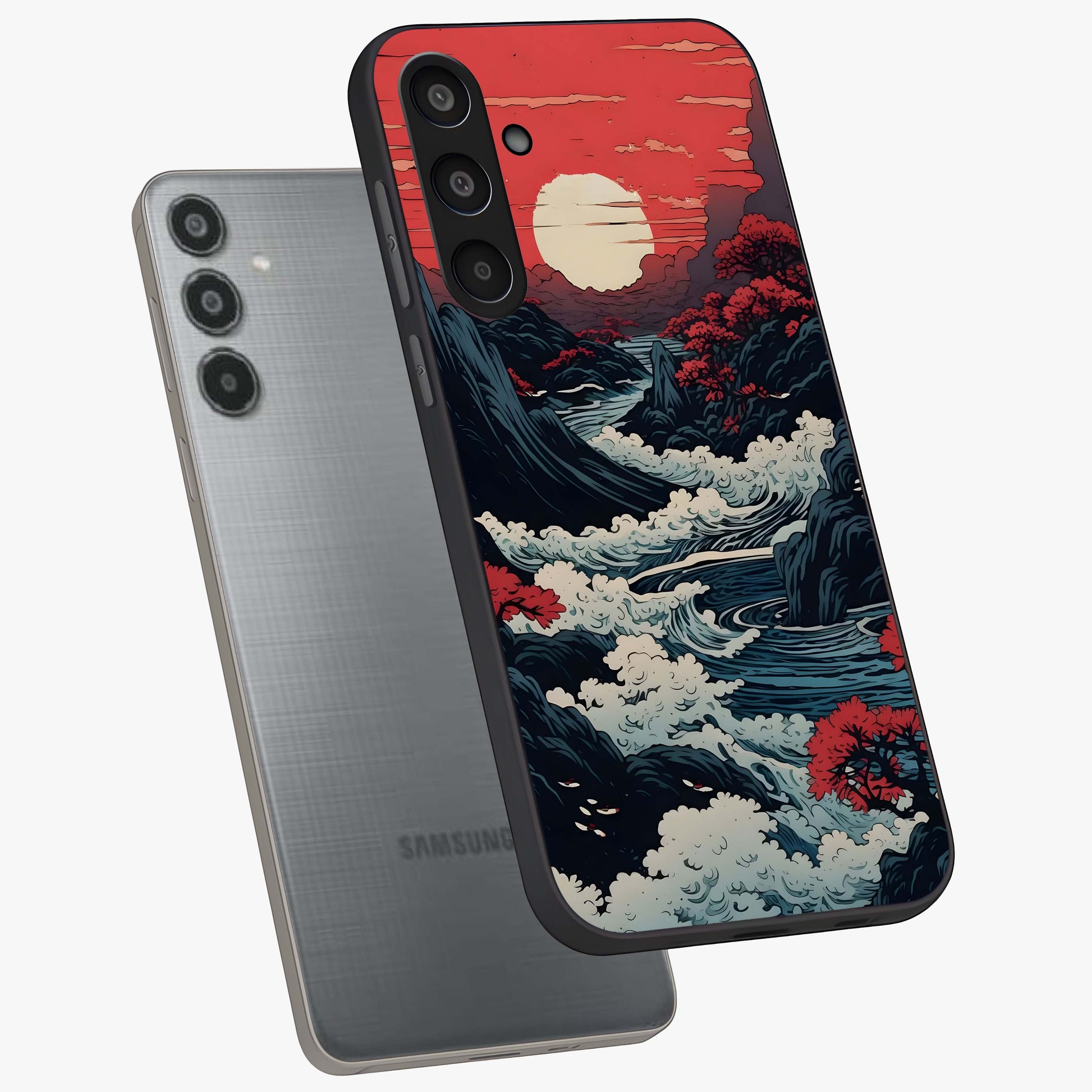Red Sunset Scenery Glass Case displayed in angled mockup highlighting glowing sunset sky design with scenic aesthetic.
